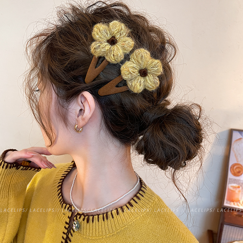 黄油甜巧~发夹女毛线花朵边夹侧边发卡2025新款前额刘海夹子头饰