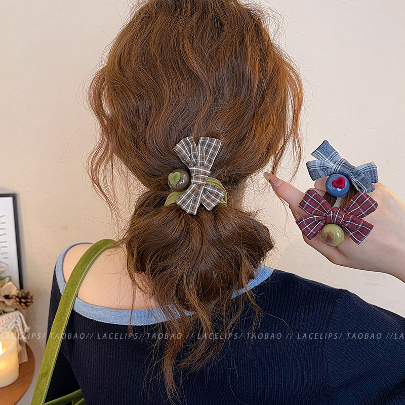 格纹蝴蝶结皮筋发圈女高级感