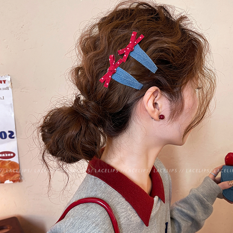 红色波点蝴蝶结牛仔发夹女