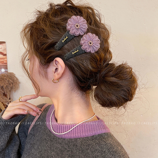 甜美毛线花朵毛呢发夹女侧边发卡前额刘海夹子2025新款 高端头饰秋
