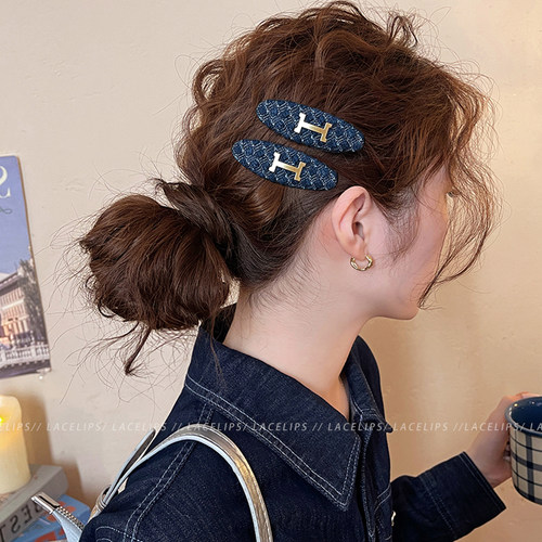 蓝色格纹金标H发夹女2026新款