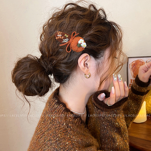 卡通南瓜小熊毛线发夹女可爱边夹侧边发卡2025新款 高端刘海夹头饰