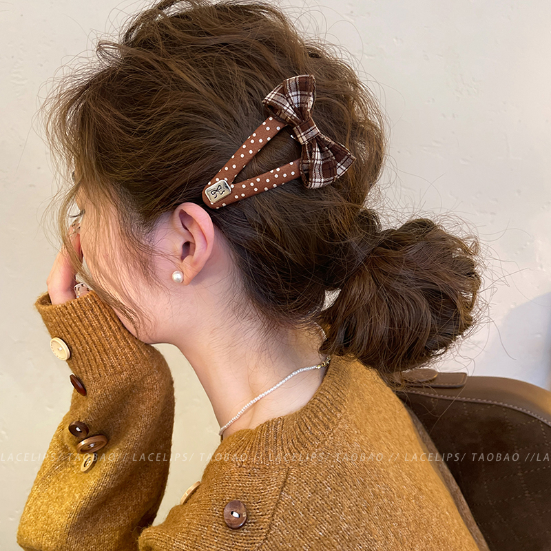 格纹蝴蝶结波点发夹女甜2025新款