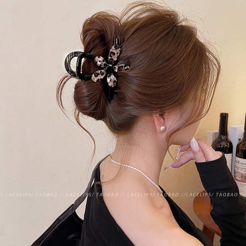 豹纹花朵头发抓夹女高级感