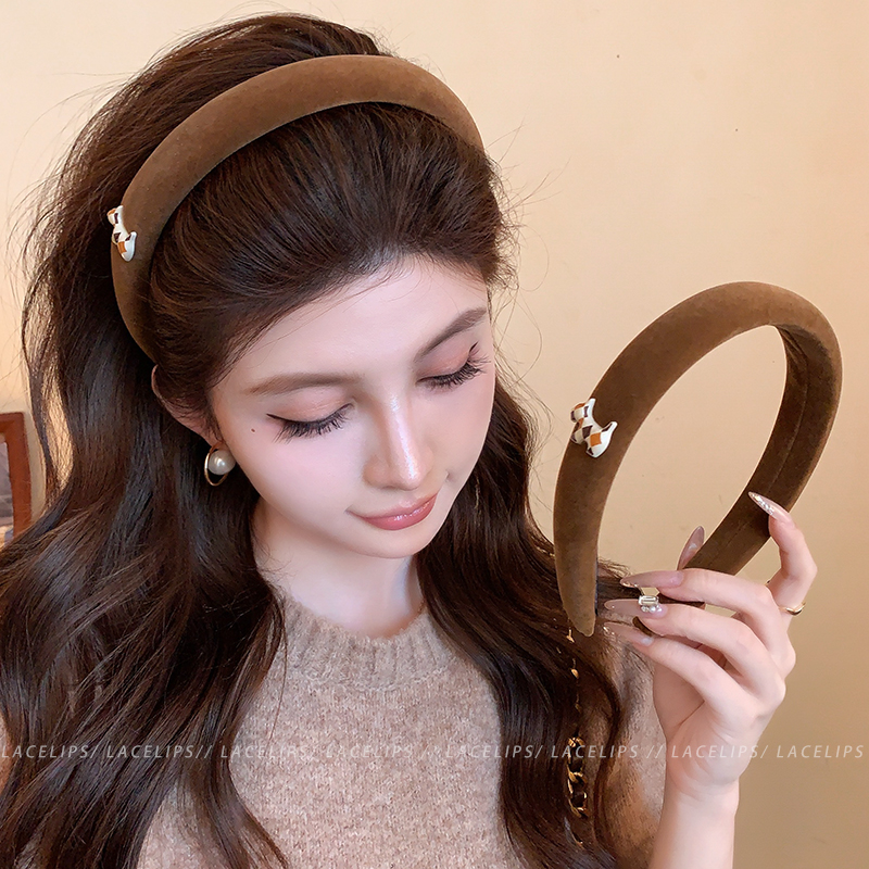 格纹小狗丝绒发箍女2025新款