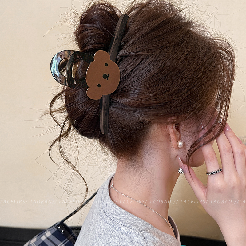 可爱小熊茶色抓夹女高端鲨鱼夹