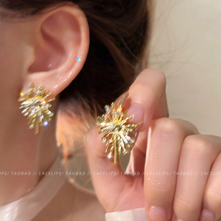 爆款 金色锆石烟花耳钉女2025新款 轻奢高级感耳环小众气质独特耳饰