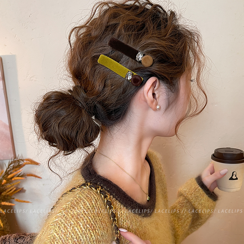 小众闪钻丝绒一字发夹女高端边夹