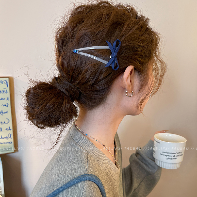 蓝色蝴蝶结闪钻发夹女2025新款