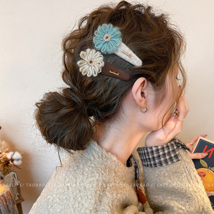 秋冬毛线花朵毛呢发夹女2025新款 侧边夹前额发卡高端刘海夹子头饰