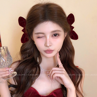 在逃公主~新年发夹女红色丝绒蝴蝶结侧边夹碎发刘海夹子发卡头饰