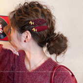 新年红小马毛呢发夹女2026新款 高端侧边夹刘海夹子头饰前额发卡冬