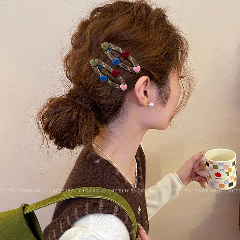 格纹毛绒爱心发夹女2025新款