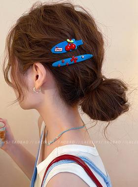 樱桃蝴蝶结蓝色发夹女侧边夹前额碎发刘海夹2025新款高端发卡发饰