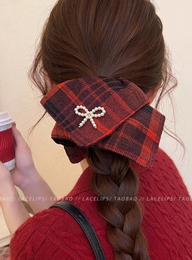 圣诞复古红色格纹方巾发圈头绳女扎头发马尾皮筋发绳2025新款发饰