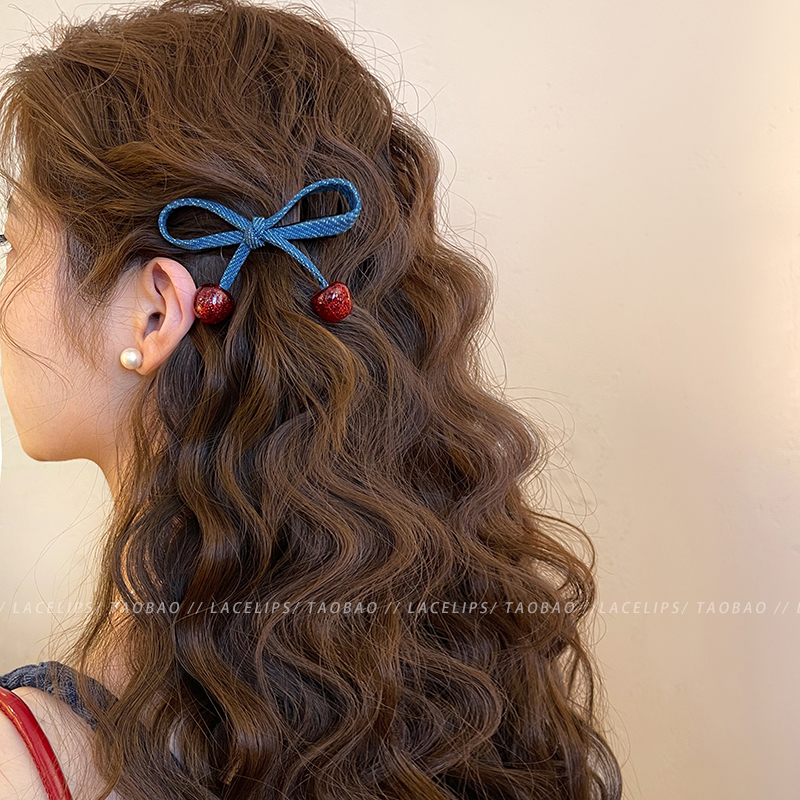 韩系牛仔蝴蝶结侧边发夹女