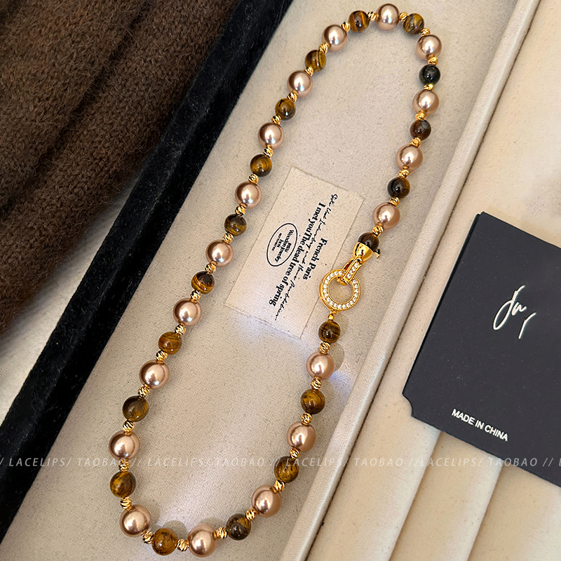摩卡金棕~虎眼石珍珠项链女款