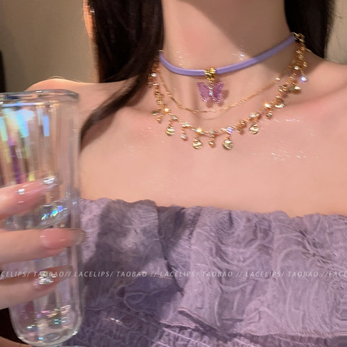 流霞黛紫~香芋紫蝴蝶贝壳项链女