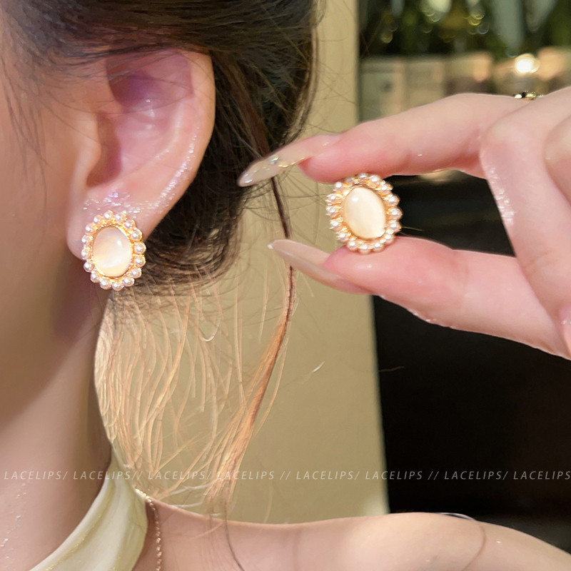 法式猫眼石珍珠耳钉女2025新款