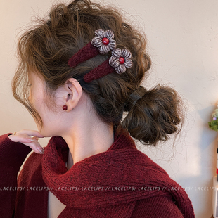 圣诞红毛线花朵发夹女毛绒边夹2025新款 高端发卡前额刘海夹子头饰