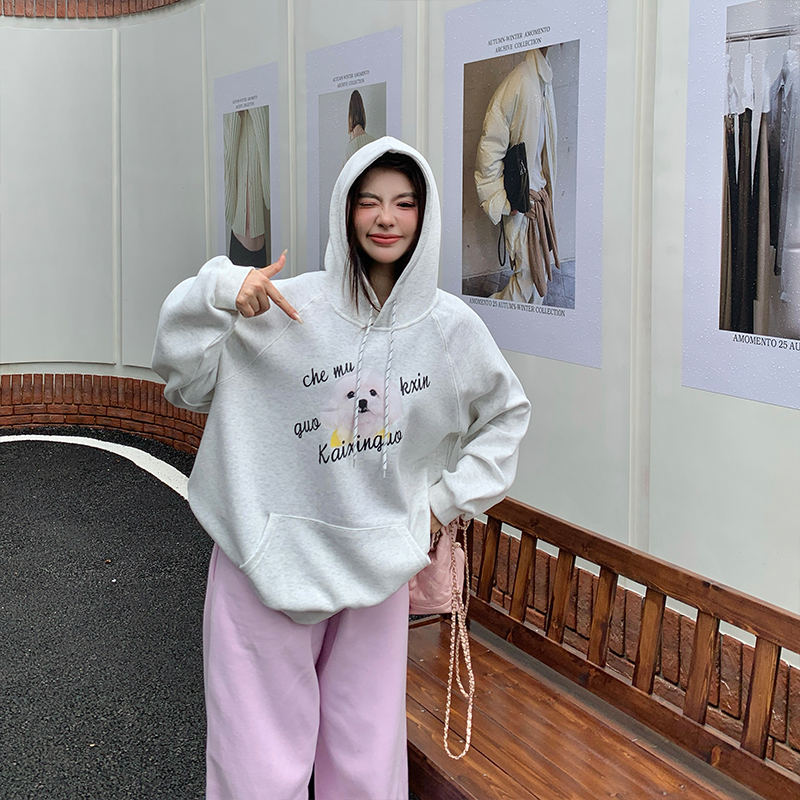 2025胖晶晶大码女装卫衣秋冬可爱印花宽松型连帽卫衣 加绒加厚