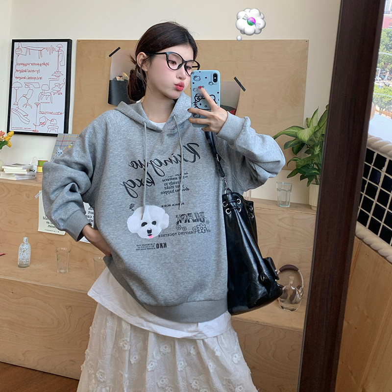 胖晶晶大码女装卫衣秋冬可爱狗头印花宽松型连帽卫衣 加绒加厚