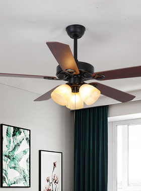 黑色吊扇灯餐厅简约电风扇灯美式乡村复古客厅工业铁木叶静音家用