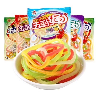 优卡五彩绳彩虹长条果汁橡皮软糖散装儿时怀旧童年休闲小零食网红