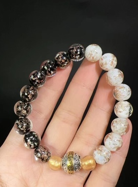香灰手链陶瓷琉璃手串女蛇年转运珠黑白金沙金箔九字真言情侣饰品