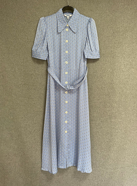 欧美时尚夏季蓝色中袖收腰显瘦衬衫裙通勤气质长裙法式连衣裙