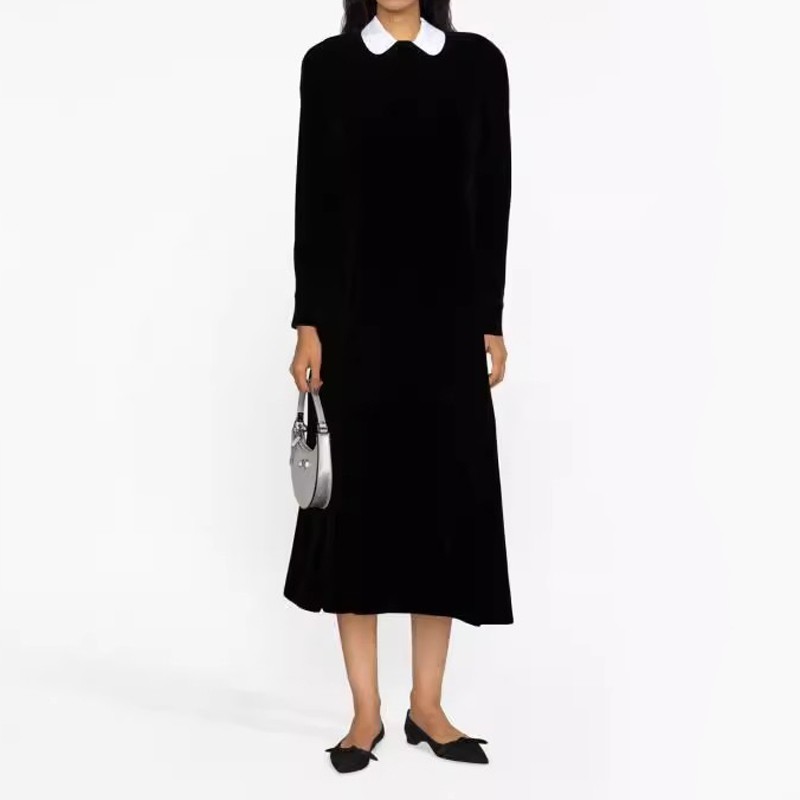 欧美时尚秋冬款棉绒保暖休闲娃娃领女士长袖黑色休闲长款连衣裙