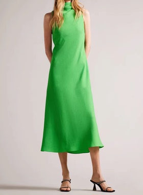 欧美时尚轻奢极简风无袖高领A字连衣裙女绿色修身显瘦气质中长款