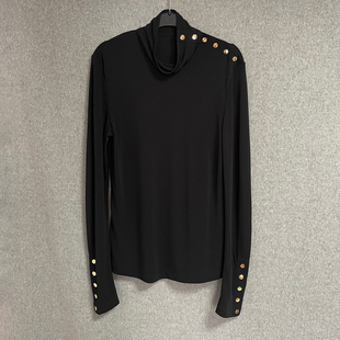 金属扣高领紧身长袖 休闲百搭新款 套头T恤上衣 春夏秋季 欧美时尚