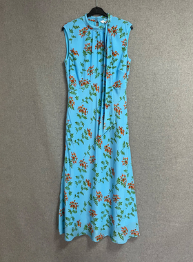 欧美时尚夏季新款真丝蓝色碎花无袖蝴蝶结度假风桑蚕丝长款连衣裙