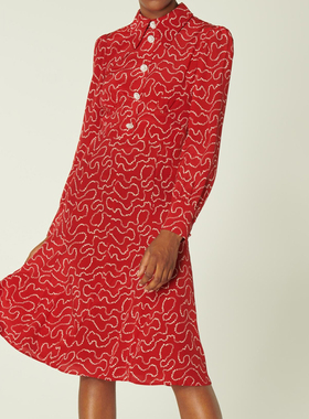 欧美时尚2023年秋季通勤桑蚕丝法式红色印花真丝长袖中长款连衣裙