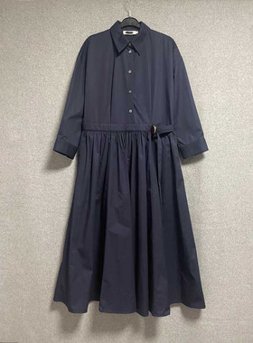 藏青全棉衬衫连衣裙A字收腰