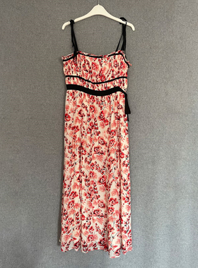 欧美时尚2023年夏红色印花甜美气质长款收腰度假风碎花吊带连衣裙