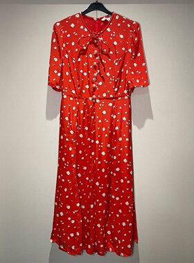 欧美时尚夏季新款法式甜美红色碎花短袖收腰系带显瘦A字裙连衣裙