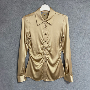 精品桑蚕丝弹力素绉缎宝蓝卡其玫红色方领长袖 女真丝衬衣 褶皱修身