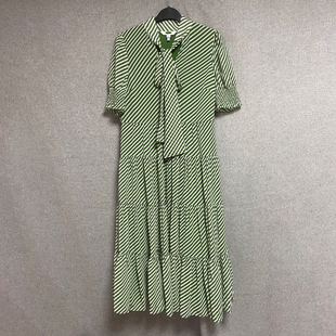 V领飘带收腰显瘦气质绿色条纹连衣裙 淑女短袖 欧美时尚 春秋夏季