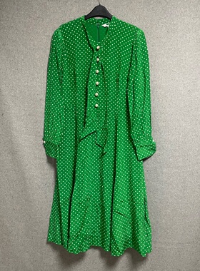 欧美时尚春秋夏季新款复古波点长袖绿色收腰修身显瘦气质连衣裙