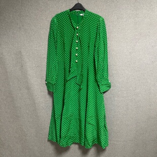 绿色收腰修身 欧美时尚 复古波点长袖 新款 显瘦气质连衣裙 春秋夏季