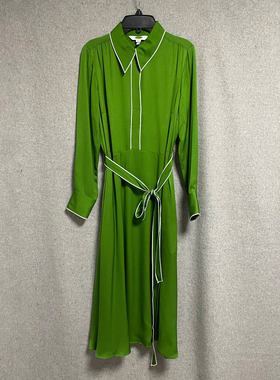 欧美时尚春秋新款通勤绿色长袖翻领系带收腰中长裙气质衬衫连衣裙
