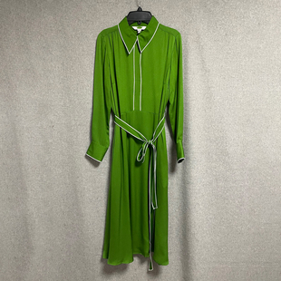 翻领系带收腰中长裙气质衬衫 通勤绿色长袖 连衣裙 春秋新款 欧美时尚