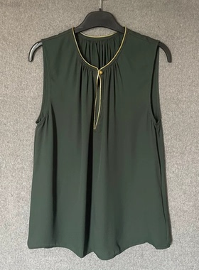欧美时尚夏季休闲知性优雅风绿色无袖衬衫女圆领褶皱显瘦通勤上衣