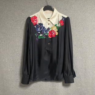 女衬衫 玫瑰花印花方领桑蚕丝单排扣长袖 上衣 2023春季 欧美时尚