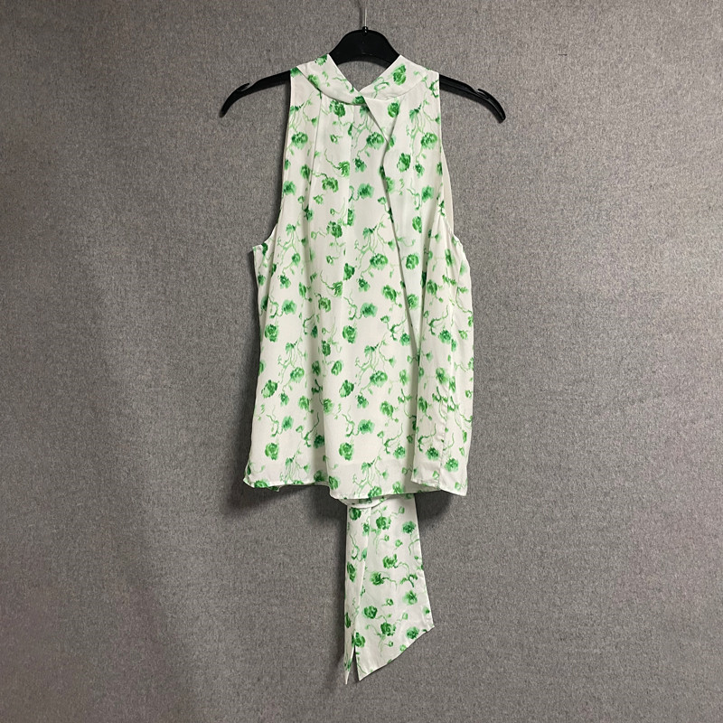 欧美时尚夏季新款绿色印花桑蚕丝挂脖女士上衣真丝无袖背心衬衫