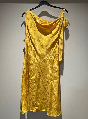 欧美时尚夏季新款法式缎面提花黄色修身中长轻礼服无袖吊带连衣裙