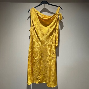 夏季 中长轻礼服无袖 新款 缎面提花黄色修身 吊带连衣裙 法式 欧美时尚