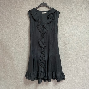 欧美时尚夏季新款法式浪漫风无袖荷叶边黑色围裹式设计感连衣裙